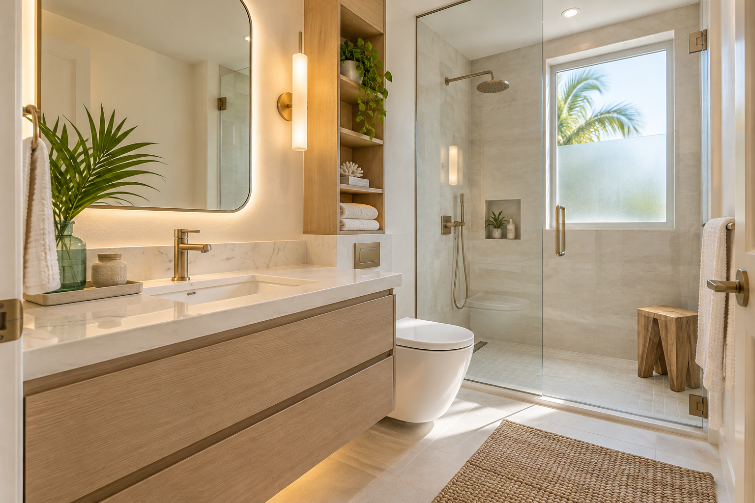 Bright compact condo bathroom design