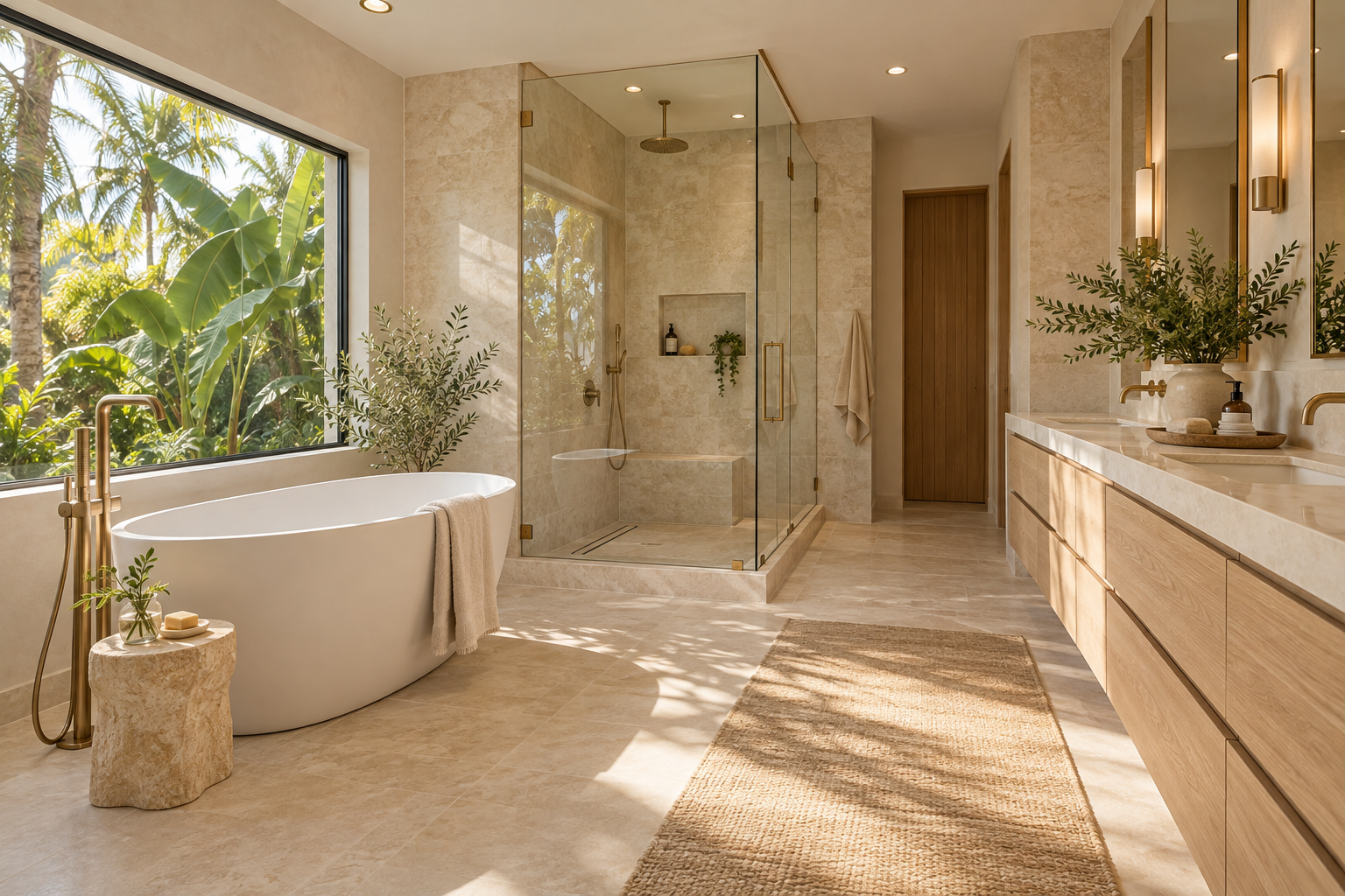 Warm luxury primary bathroom with a soaking tub