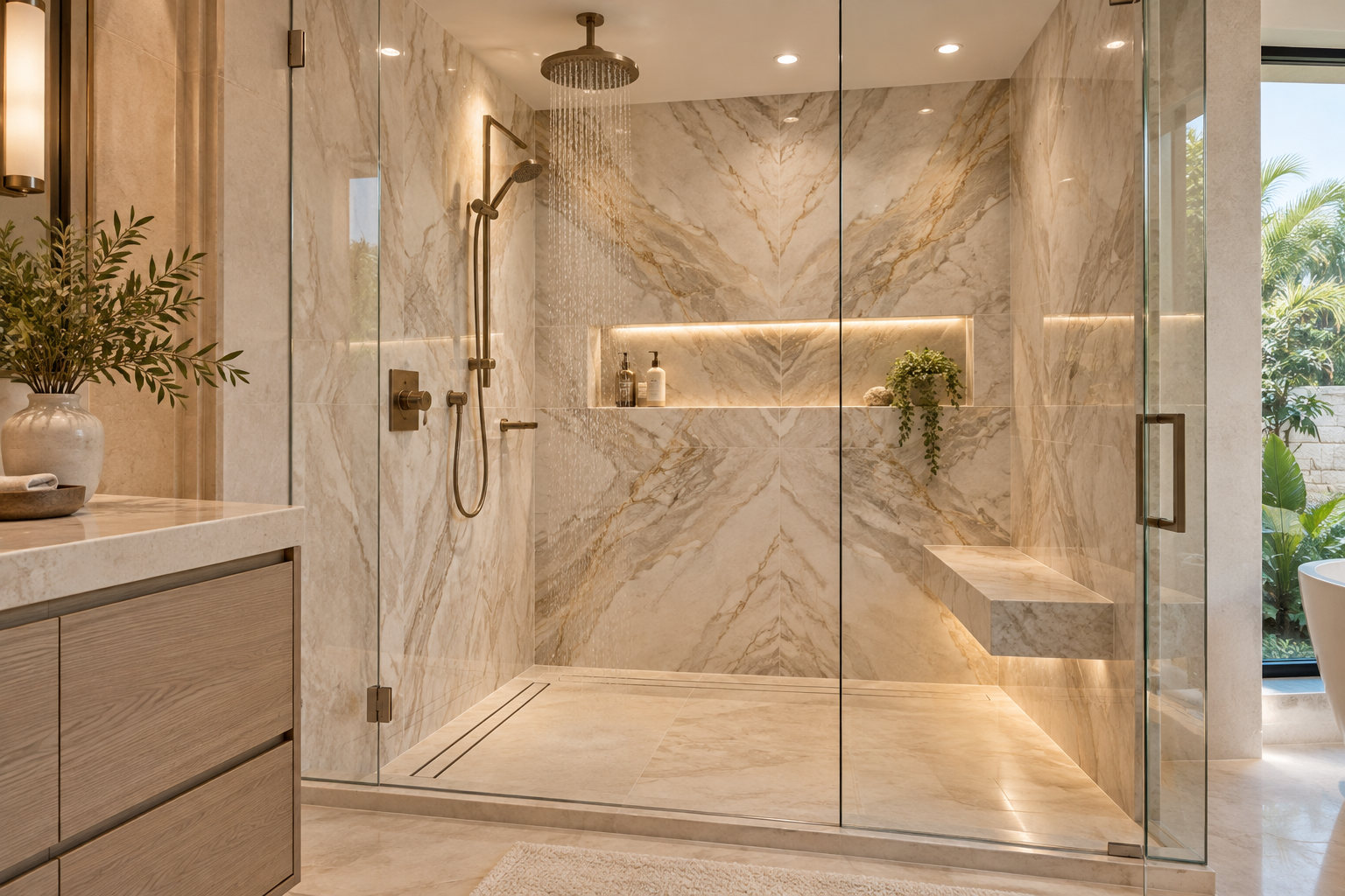 Luxury walk in shower with warm veined slabs